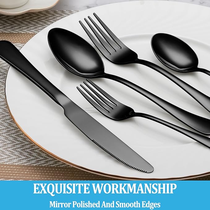 40 Pcs Black Silverware Set, Stainless Steel Flatware Set Service for 8, Mirror Polished Cutlery Utensil Set, Durable Home Kitchen Eating Tableware Set, Include Fork Knife Spoon Set, Dishwasher Safe