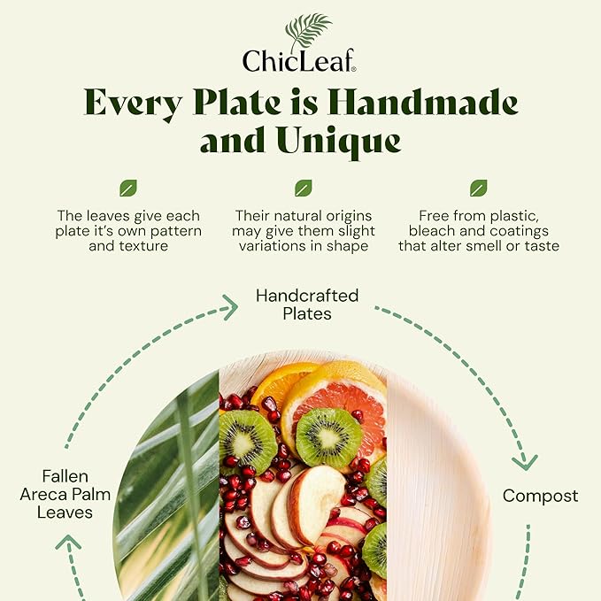 Chic Leaf 7 Inch Palm Leaf Plates - Heavy Duty Disposable Party Tableware - Bamboo Style Round Saucers for Wedding Appetizers, Winter Events & Upscale Look for Valentine’s Meal (50 Pack)