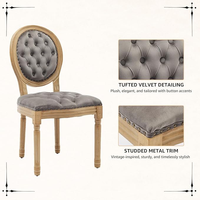 Vintage French Dining Chairs Set of 4, Round Back Velvet Upholstered Accent Chairs with Nailhead Trim and Solid Wood Frame, Elegant Sillas de Comedor for Dining Room & Kitchen, Gray