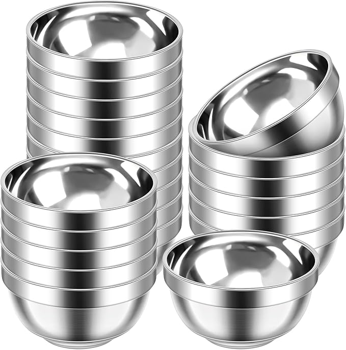 Mimorou 20 Pack 304 Stainless Steel Bowls Set 34oz Metal Double Walled Insulated Snack Mixing Lightweight Multipurpose Toddler Dinner Bowls for Ice Cream, Cereal, Snack