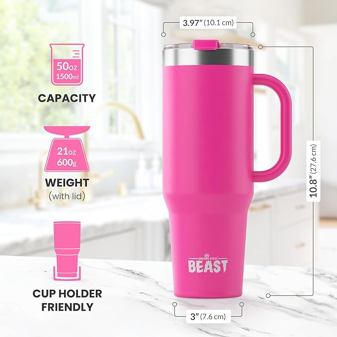 Beast 50 oz Tumbler with Handle Stainless Steel Vacuum Insulated Coffee Ice Cup Double Wall Travel Flask (Cupcake Pink)