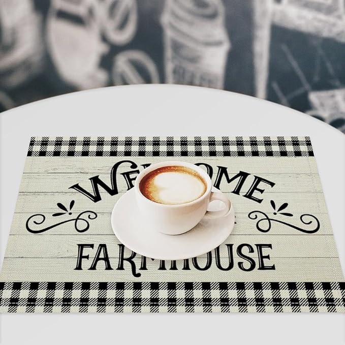 Vintage Farmhouse Placemat Set, Rustic Minimal Black White Check Inspirational Quotes Sketch Sunflower Pattern Home Decoration Linen Table Mats for Dining Room Kitchen Party (17x12in) x2P