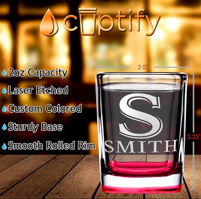 Personalized Shot Glasses Set of 6 Initial and Name 2oz Red Bottom Etched Square Shot Glass Engraved with Custom Text Birthday Gift for Men and Women