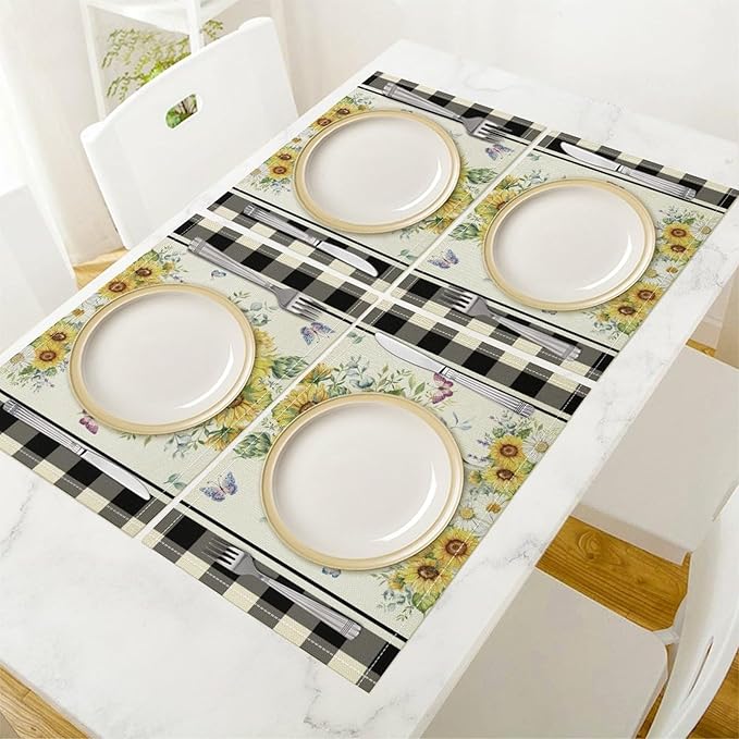 Vintage Sunflower Theme Placemat Set, Rustic Farmhouse Vivid Lavender Floral Butterflly Black White Check Pattern Home Decor Linen Table Mats for Dining Room Kitchen Party (17x12in) x4P