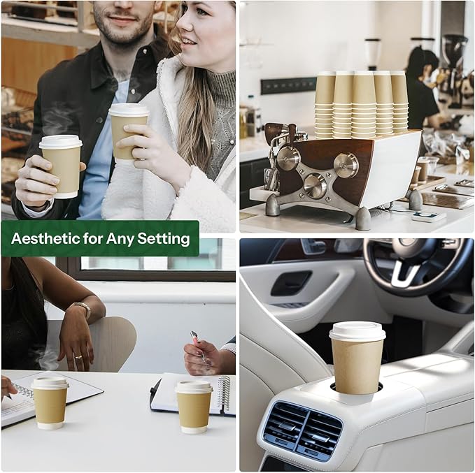 Paper Coffee Cups with Lids 12 oz Compostable Hot Cups,50 Pack Insulated Paper Cups with Lids, BPI Certified Natural Kraft To Go Coffee Cups Disposable for Office Coffee Bar Supplies Togo Travel Home