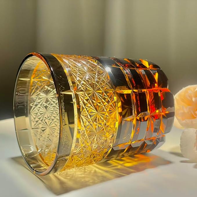 suigetsu Japanese Crystal Whiskey Glass, 10 oz, Amber Black, Engraved Pattern, Old Fashioned Rocks Tumbler with Gift Box (Amber Glow)