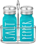 Teal Salt and Pepper Shakers Set with Holder by Brighter Barns - Turquoise Kitchen Decor and Accessories - Cute Salt and Pepper Set with Caddy - Modern Farmhouse Glass Shakers for Dining Table (Teal)