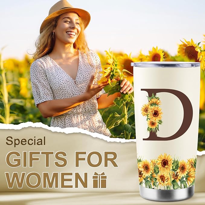 Sunflower Gifts for Women - Personalized Christmas Gifts for Women - Birthday Gift for Woman - Mothers Day Gift for Mom - Monogrammed, Initial 20oz Travel Cup Insulated Tumbler with Lid, D