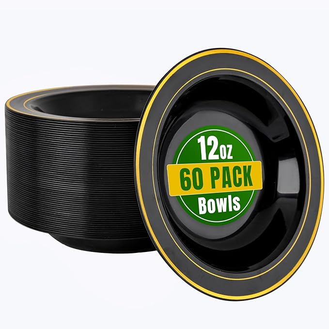 bUCLA 60 Pack Black Plastic Bowls with Gold Rim - 12 oz Plastic Soup Bowls Disposable for Wedding, Party, Gathering & New Year