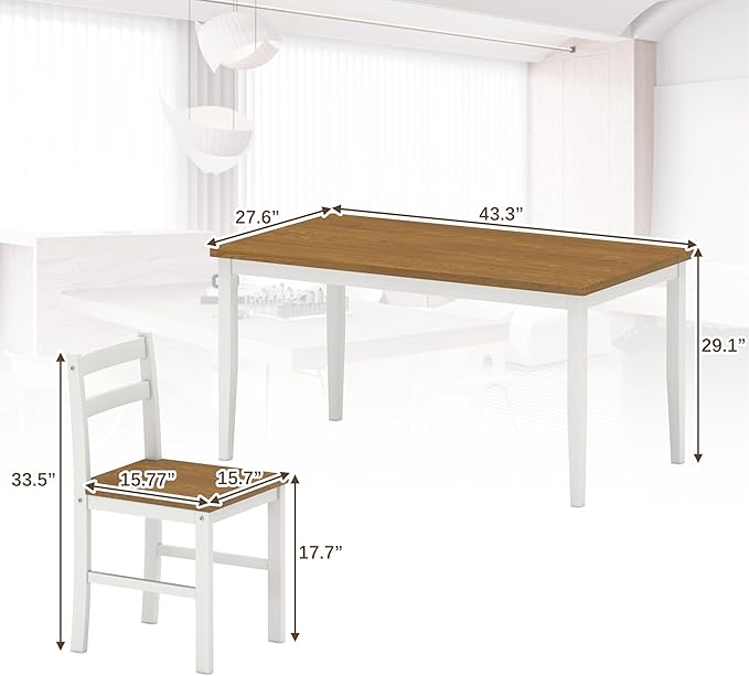 5 Piece Dining Table Set, Solid Wood Dining Table Set for 4, Farmhouse Table and 4 Chairs Set, 43.3'' Rectangular Kitchen Table Set for 4, Walnut & White