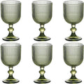 Green Drinking Glasses set of 6 Big Wine Goblets Vintage Colored Glassware 13 oz for Wedding Party Bar Vertical Line Embossed Pattern Stemmed Cups 400ml