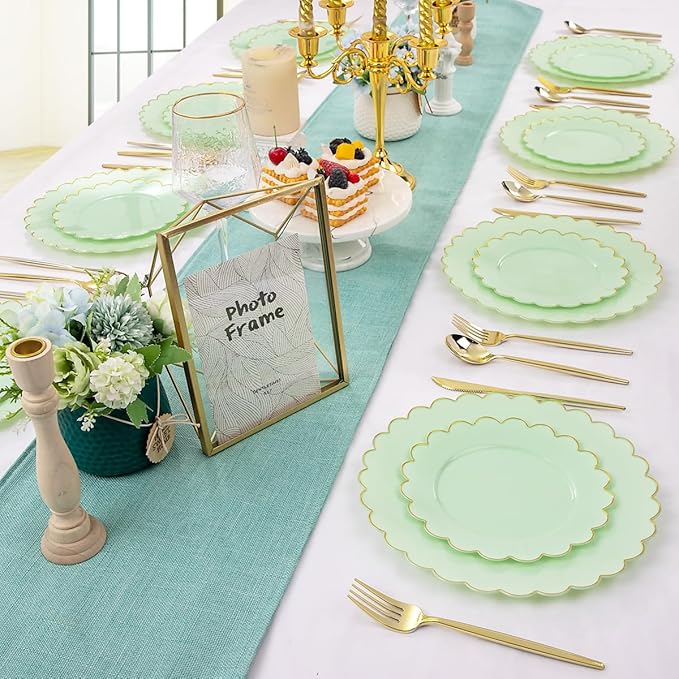 LIYH 60 Pcs Light Green Plastic Plates with Gold Edges, Disposable Sage Green and Gold Plastic Plates Includes: 30 Dinner Plate 10.25 Inch and 30 Dessert Plate 7.5 Inch