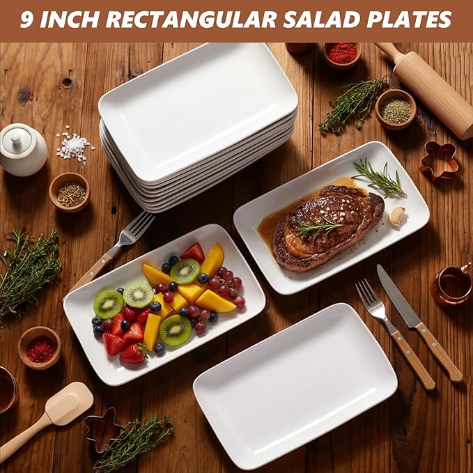 Irenare 20 Pcs 9 Inch Rectangular Salad Plates White Rectangular Porcelain Dessert Plates Appetizer Serving Tray Porcelain Platters for Fruit Sushi Dinner Parties, Microwave, Oven Safe