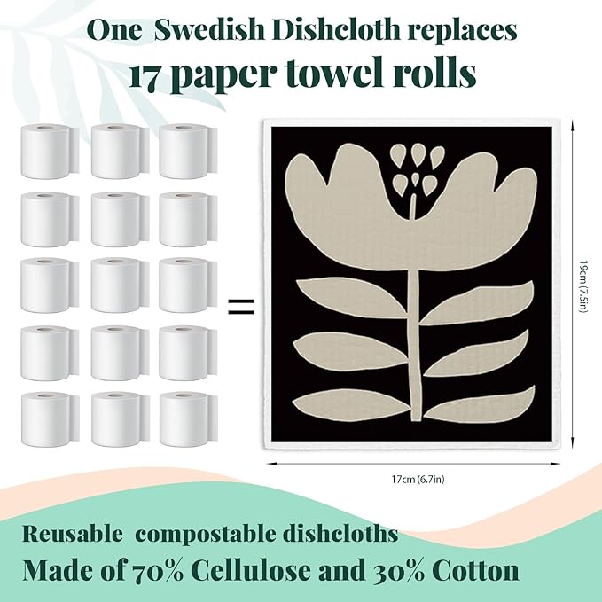 Swedish Dishcloths for Kitchen, Vintage Floral Swedish DishCloths, Papaya Reusable Paper Towels Washable Sponge Cloths, 4 Pcs Dish Towels for Kitchen Party Home Housewarming Cleaning Cloths