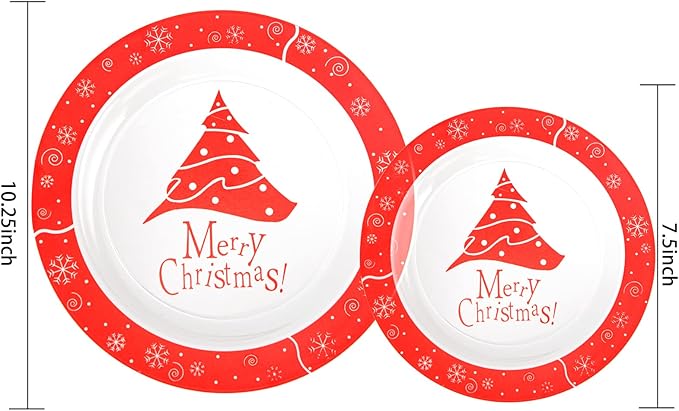 U-QE 60PCS Red and Clear Plastic Plates - Disposable Christmas Plastic Plates for 30 Guests Include 30 Dinner Plates 10.25’’ & 30 Dessert Plates 7.5’’, Premium Party Supplies for Christmas Theme Party