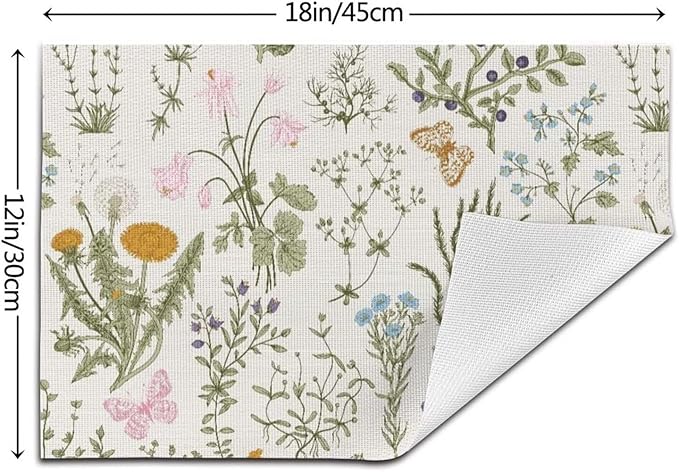 Placemats Set of 6 Vintage Wildflower Herbs Floral Rustic Butterfly Place Mats Floral Woven Table Mats Washable PVC Placemat for Dining Kitchen Decor Indoor Outdoor, 12 x 18 Inch
