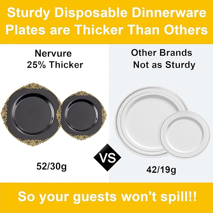Nervure 100PCS Black Gold Plastic Plates - 7.5 inch Black Plastic Plates with Gold Rim - Disposable Dessert Plates for Wedding & Party