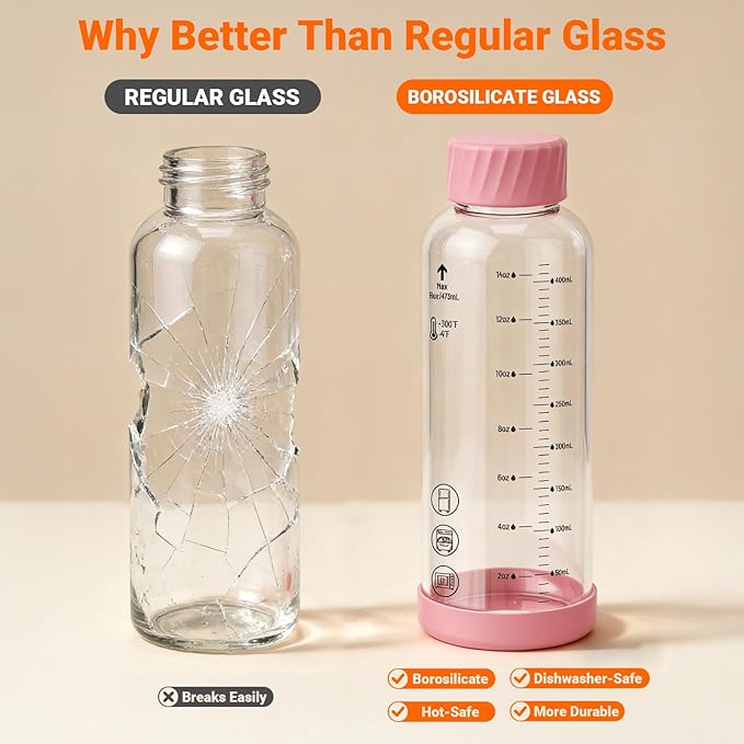 Sursip Glass Juice Bottles 6 Pack 16 oz – Reusable Glass Water Bottles with Stainless Steel Lids – Heat-Resistant Borosilicate Glass, BPA Free, Leakproof for Juicing, Smoothies, Milk, Infused Water