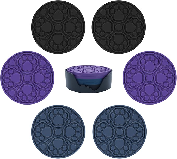 4 Inch Silicone Coasters Set of 6, (Black, Blue, Purple) Absorbent Non-Slip Drinks Coaster for Protecting Coffee Tables/Desks, Perfect for Home, Kitchen, Living Room & Office