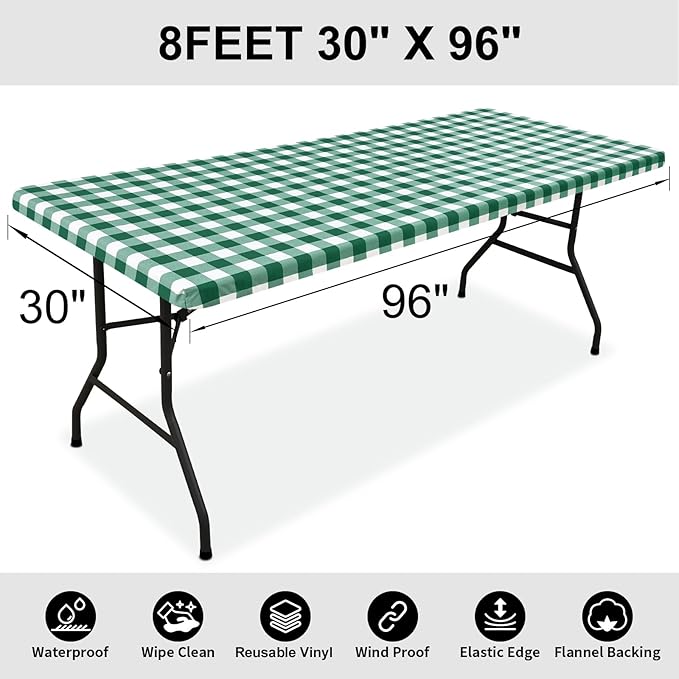 Smiry Rectangle Picnic Table Cloth, Elastic Waterproof Fitted Vinyl Tablecloths, Flannel Backed Buffalo Plaid Table Covers for Dining, Camping, Outdoor (Emerald Green and White, 30" x 96")