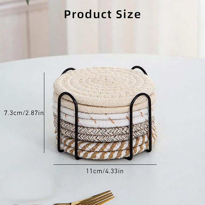 8 Pcs Drink Coasters with Holder, Handwoven Cotton Coasters Set Stackable Absorbent Minimalist Home Decor for Table, Cup, Mug (Kaki)