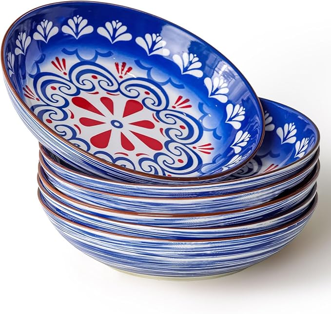 Yeacccng Pasta Bowls Set of 6, 35 Oz Ceramic Large Salad Bowl, 8.5 Inch Colorful Serving Bowls for Kitchen, Dishwasher & Microwave Safe, Scratch-Resistant, Lead-Free (Blue*6)