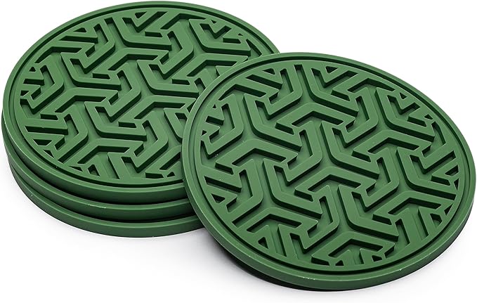 Drink Coasters for Tabletop Protection - Set of 4 No-Slip Silicone Rubber Coasters for Coffee Table, Desk & More - USA-Made Coasters for Drinks w/Liquid-Catching Grooves (Cactus Green)