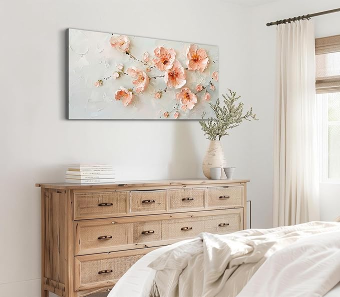 ADJUVANT Wall Art Impressionist Pink Floral 40"L x 20"W, Cherry Blossoms Canvas Painting Soft Petals Artwork Pastel Tones Prints Spring Flowers Wall Decor for Living Room Bedroom Bathroom Home Office