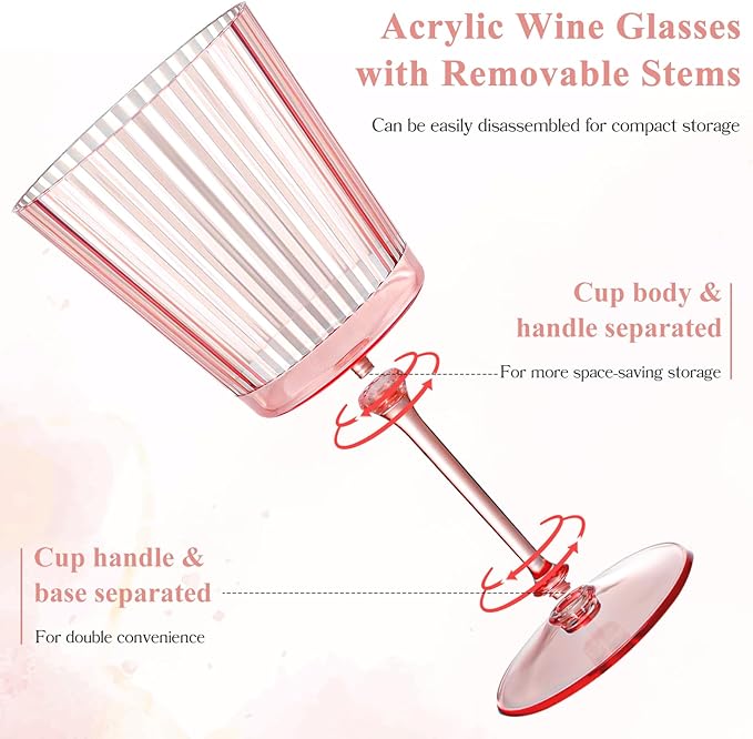 24 PCS Pink Plastic Wine Glasses with Removable Stems 13.5 OZ Ribbed Wine Glass Set Square White Wine Glasses Muted Pastel Colors Goblets Elegant Fluted Glassware for Wedding(Pink, 24 Pack)