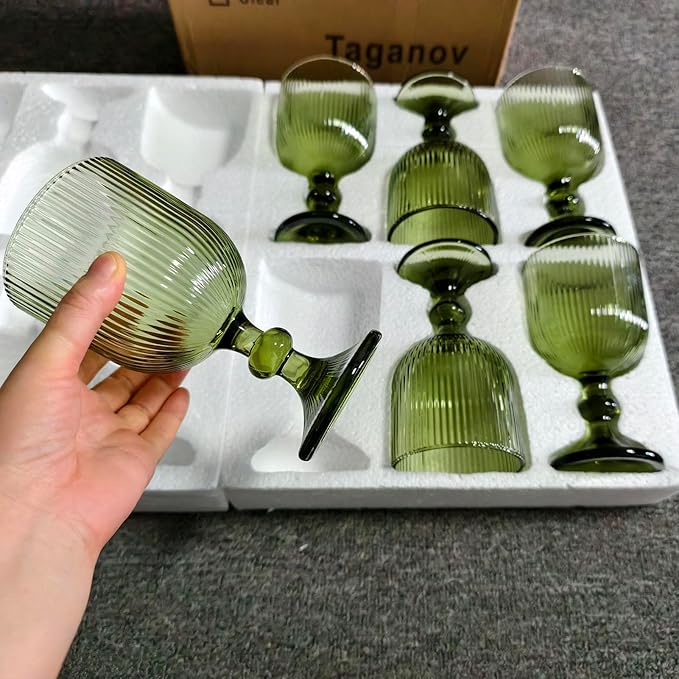 Green Drinking Glasses set of 6 Big Wine Goblets Vintage Colored Glassware 13 oz for Wedding Party Bar Vertical Line Embossed Pattern Stemmed Cups 400ml