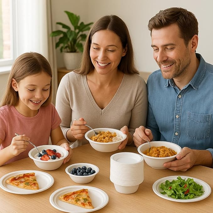 12 oz. Compostable Paper Bowls [100-Pack] - Eco-Conscious Disposable Soup Bowls Made of Sugarcane Fiber Bagasse, Microwave, Refrigerator-Safe - Heavy Duty Paper Plates for Dinner