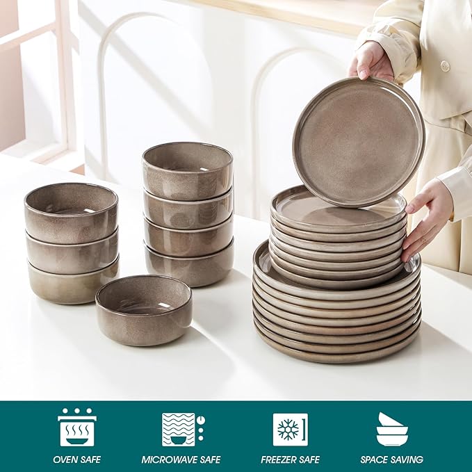 vancasso PLAYA Plates and Bowls Sets, 24 Pieces Dark Brown Dinnerware Sets for Kitchen, Reactive Glaze Dishes Set for 8, Dishwasher and Microwave Safe