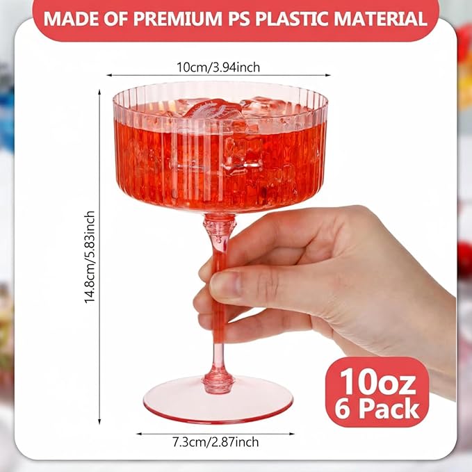 6 Pcs Ribbed Martini Glasses 10 oz Disposable Plastic Vintage Ribbed Coupe Glasses Unbreakable Dessert Parfait Glassware for Wedding Birthday Party Supplies (Pink)