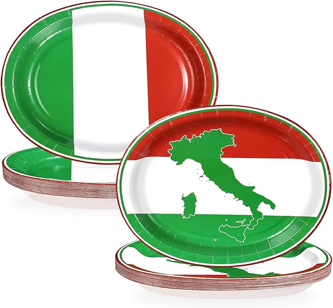 50Pcs Italian Flag Oval Paper Plates 10" x 12" Large Heavy Duty Italian Flag Disposable Dinner Plates Red White and Green Dessert Platters for Pizza Baby Shower Family Gathering Party Decorations