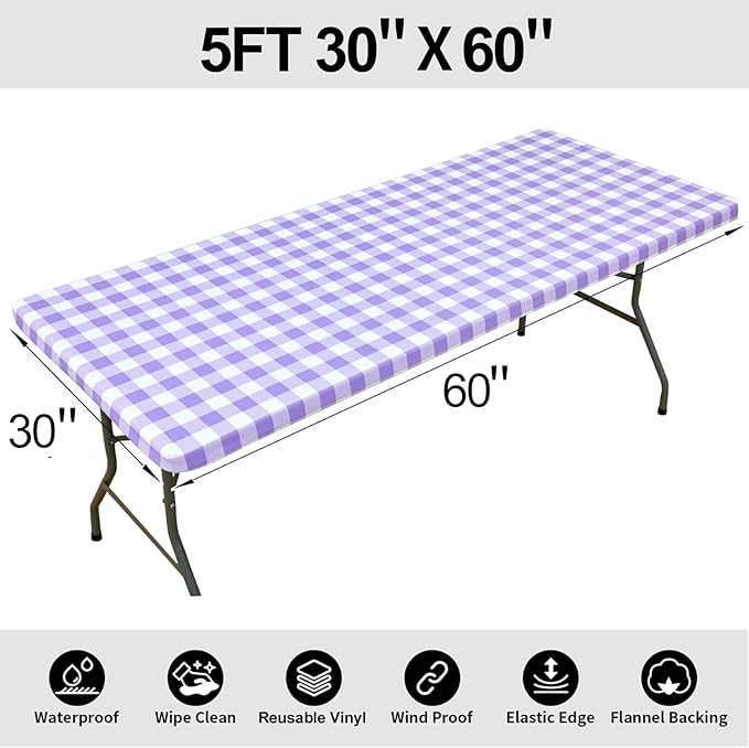 Smiry Rectangle Picnic Table Cloth, Elastic Waterproof Fitted Vinyl Tablecloths, Flannel Backed Buffalo Plaid Table Covers for Dining, Camping, Outdoor (White and Purple, 30" x 60")