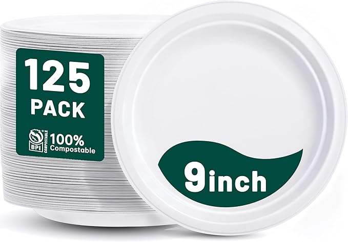 DaYammi 100% Compostable Paper Plates 9 Inch, 125-Pack Heavy Duty Paper Plates Bulk,Biodegradable Bagasse,Eco-Friendly Disposable Dinner Plate for BBQ,Picnic,Party (BPI Certified,Microwaveable)