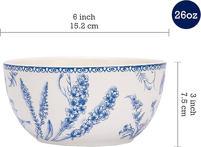 Bico Blue Garden Toile De Jouy Cereal Bowls Set of 4, 26 oz Deep Ceramic Soup Bowls for Cereal, Salad, Noodles, Kitchen, Microwave and Dishwasher Safe, Gift for Housewarming and Thanksgiving