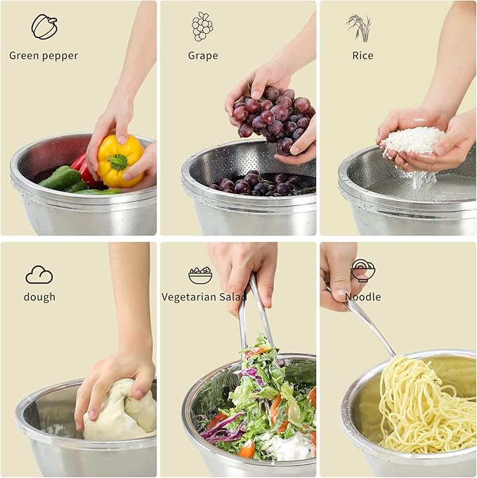 304 Stainless Steel Microporous Colander, 4.5QT Large Capacity with Mixing Bowl For washing vegetables, fruit and rice and for draining cooked pasta(2PC)