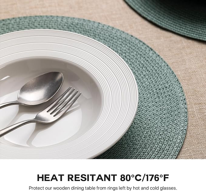 Round Placemats Set of 8 Plastic Woven Placemats Washable Wipeable Table Mats for Dining Table Heat Resistant Non-Slip Circle Place Mats (Dusk Green)