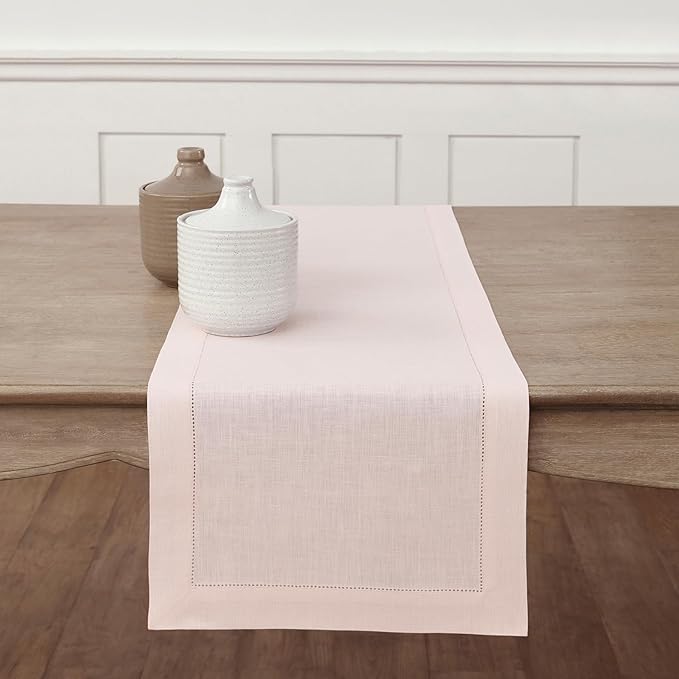 Solino Home Linen Pink Table Runner 90 Inches Long - 100% Pure Linen Hemstitch 14 x 90 Inch Table Runner for Dining, Valentines, Spring, Easter - Classic Hemstitch