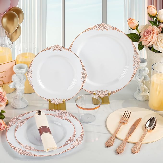 175PCS Rose Gold Plastic Plates for 25 Guests, Disposable Dinnerware Sets Include 50 Rose Gold Rim Plastic Plates, 25 Silverwares and 25 Cups, 25 Pre Rolled Napkins for Party, Graduation