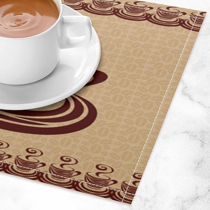 Vintage Coffee Theme Placemat Set, Minimal Rustic Farmhouse Brown Beige Geometric Coffee Cup Beans Seamless Pattern Home Decor Linen Table Mats for Dining Room Kitchen Party (17x12in) x4P