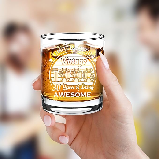 Old Fashioned Glasses-1996-Vintage 1996 old time information 10.25oz Whiskey Rocks Glass -30th Birthday Aged to Perfection - 30 years old gifts Bourbon Scotch Lowball Old Fashioned-1PCS