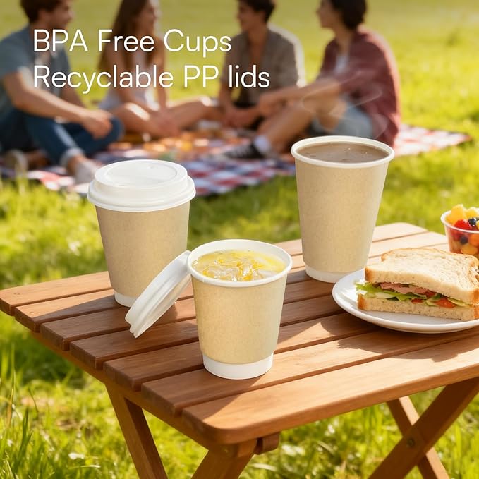 Disposable Coffee Cups with Lids 12 oz To Go Hot Cups,120 Pack Compostable Paper Cups with Lids, BPI Certified PLA Coated Natural Kraft Insulated Disposable Cups for Togo Office Coffee Bar Travel Home