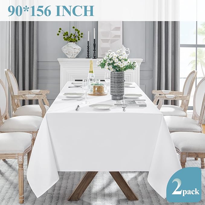 VidaFete Tablecloth 90 * 156inch 2pack Rectangle Table Cloth Polyester, Stain Wrinkle Resistant Dining Table Cover for Kitchen Dinning Party Wedding Rectangular Tabletop Buffet Decoration(White)