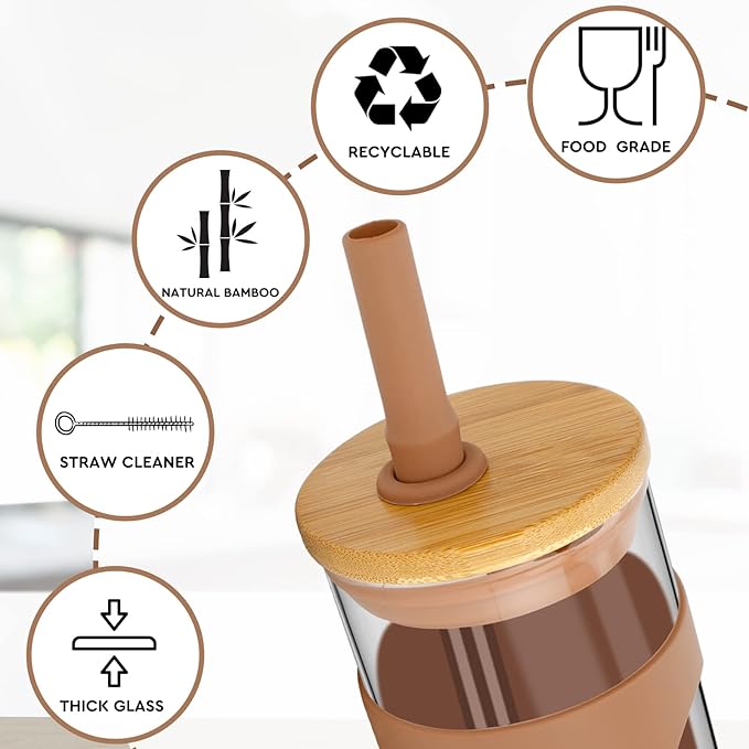 Tronco 22oz Glass Tumbler with Bamboo Lid and Straw, Reusable Iced Coffee Cup for Boba Tea, Smoothies & Cold Drinks, Spill-Proof Glass Cup with Silicone Sleeve, Dishwasher Safe, BPA-Free