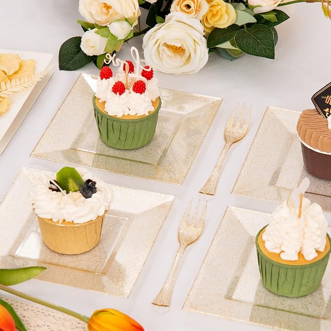 DaYammi 200Pcs Gold Dessert Plates Including 100Pcs Appetizer Plates 6",100Pcs Plastic Forks 5.7",Gold Glitter Plastic Square Plate for Party,Gold Salad Plate and Cake Forks for Party Wedding