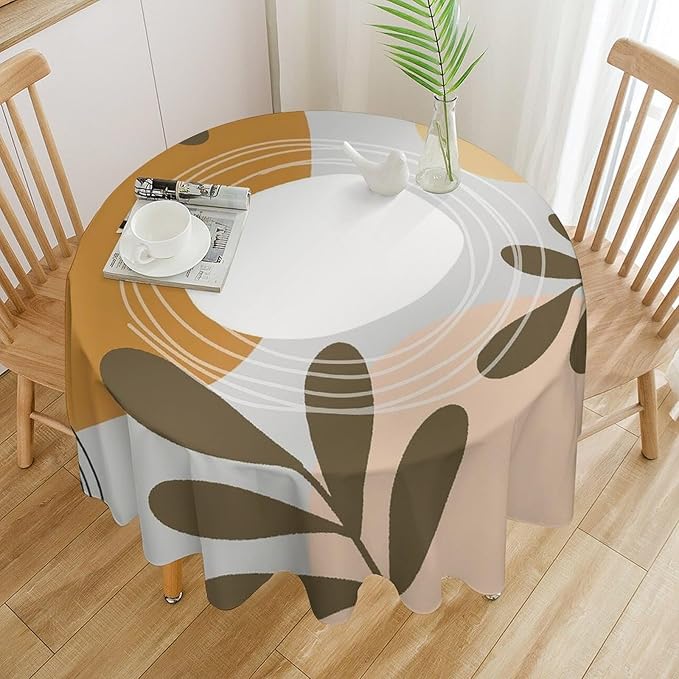 Boho Mid Century Round Tablecloth, Bohemian Abstract Modern Leaves Tablecloth for Home Party Dining Room Kitchen Decor 70Inch(178cm)