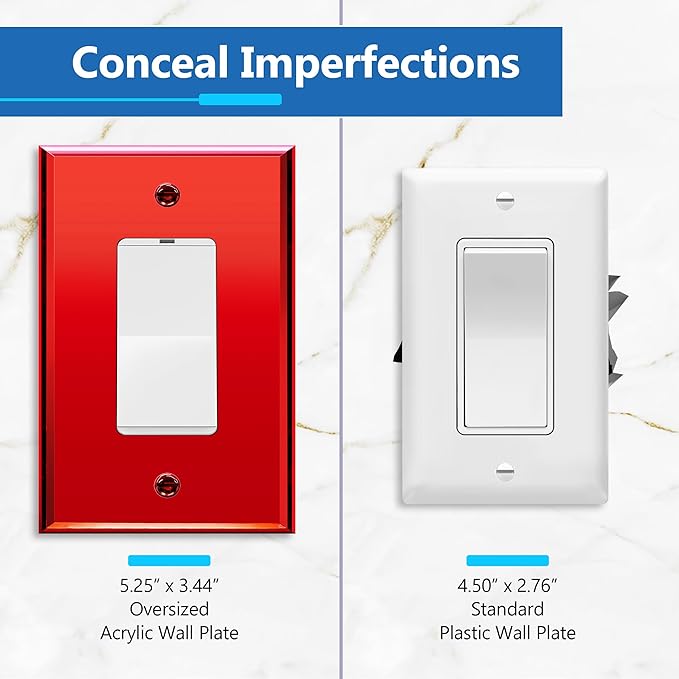 LIDER Reflective Acrylic Decorator Wall Plate, Mirrored Light Switch Plate, Plexiglass Outlet Cover, Acrylic Glass, Oversized 1-Gang 5.25" x 3.44", LWP-31O-ARD, Red
