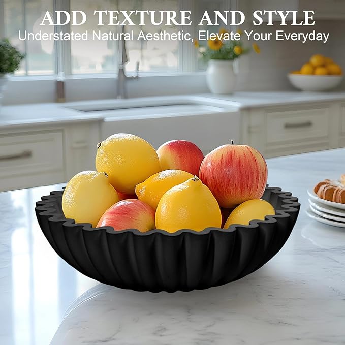 MAONAME Concrete Decorative Bowl, Black Fruit Bowl for Kitchen Counter, Modern Handicraft Coffee Table Key Bowls, Large Scalloped Ruffle Bowl for Entryway, Home Decor